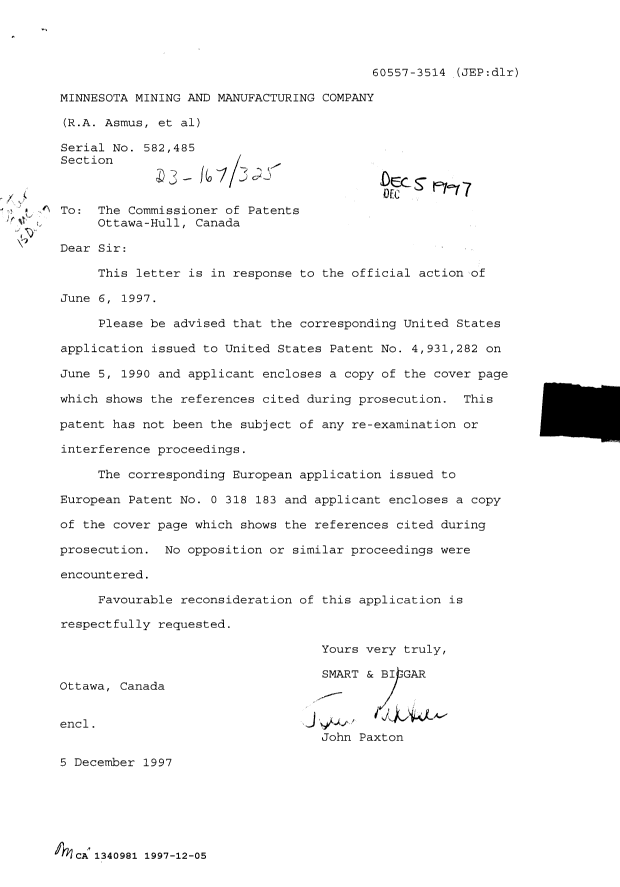 Canadian Patent Document 1340981. Prosecution Correspondence 19961205. Image 1 of 1