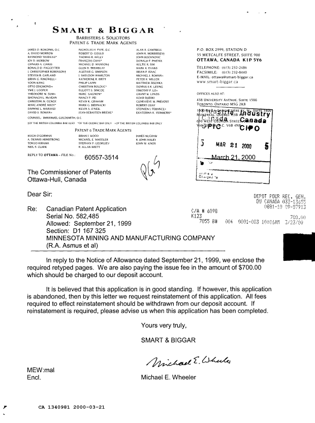Document de brevet canadien 1340981. Correspondance de la poursuite 20000321. Image 1 de 1