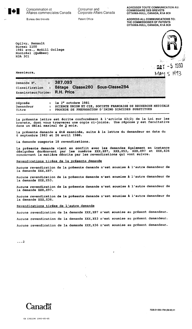 Canadian Patent Document 1341196. Prosecution-Amendment 19921205. Image 1 of 18