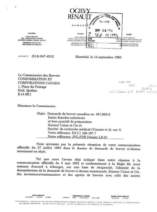 Canadian Patent Document 1341196. Correspondence 19921214. Image 1 of 2