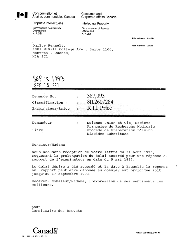 Canadian Patent Document 1341196. Correspondence 19921215. Image 1 of 1