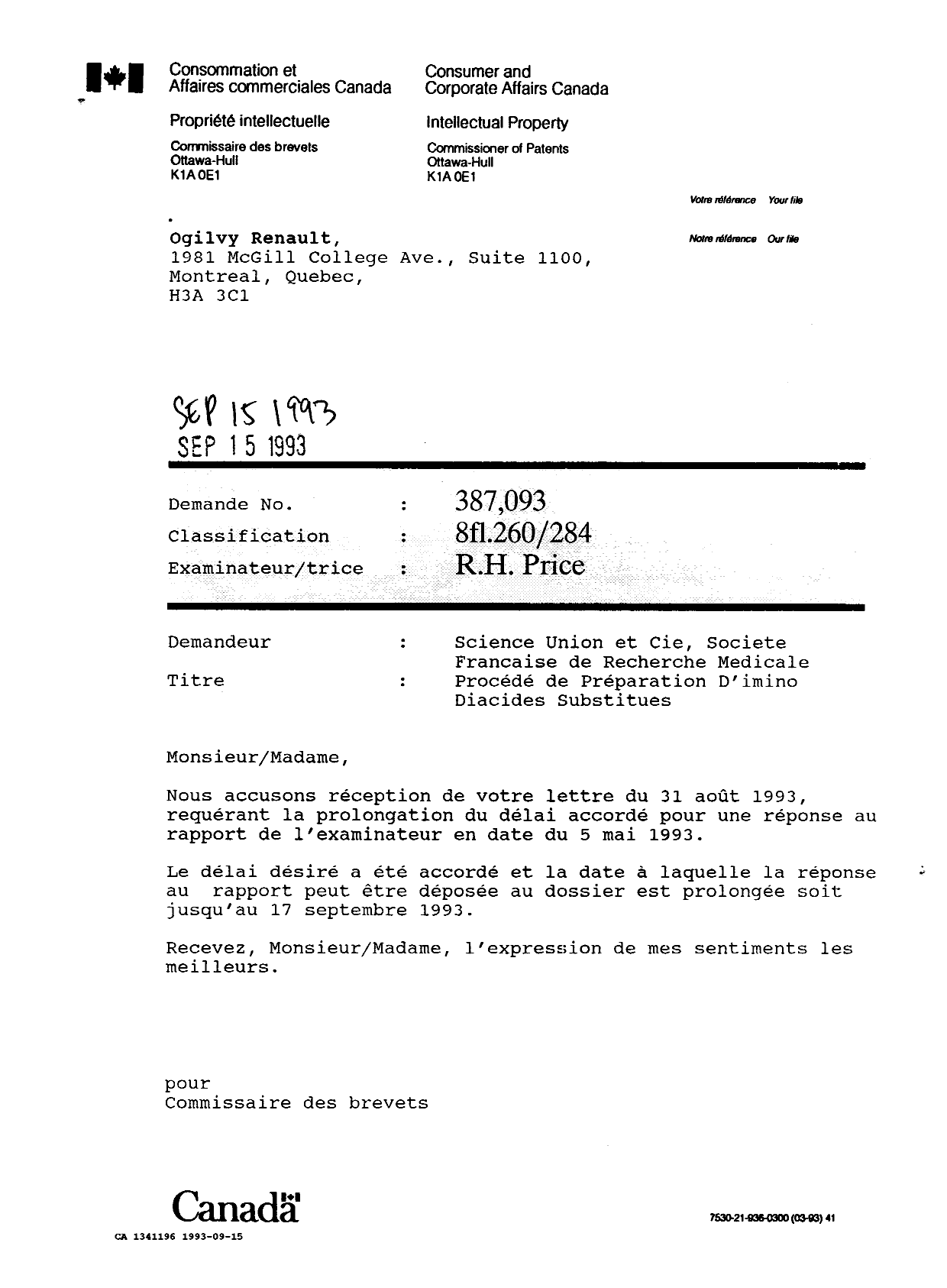 Document de brevet canadien 1341196. Correspondance 19921215. Image 1 de 1