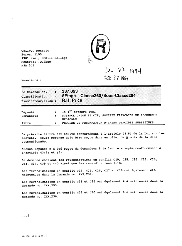 Canadian Patent Document 1341196. Prosecution-Amendment 19931222. Image 1 of 2