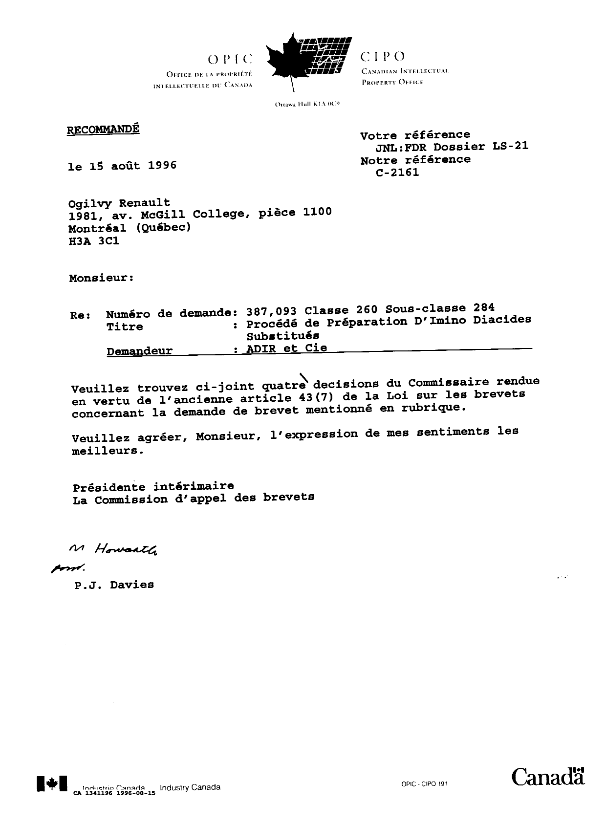 Canadian Patent Document 1341196. Prosecution-Amendment 19951215. Image 1 of 57
