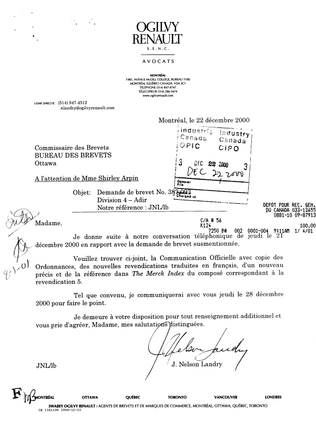 Canadian Patent Document 1341196. Prosecution-Amendment 19991222. Image 1 of 24