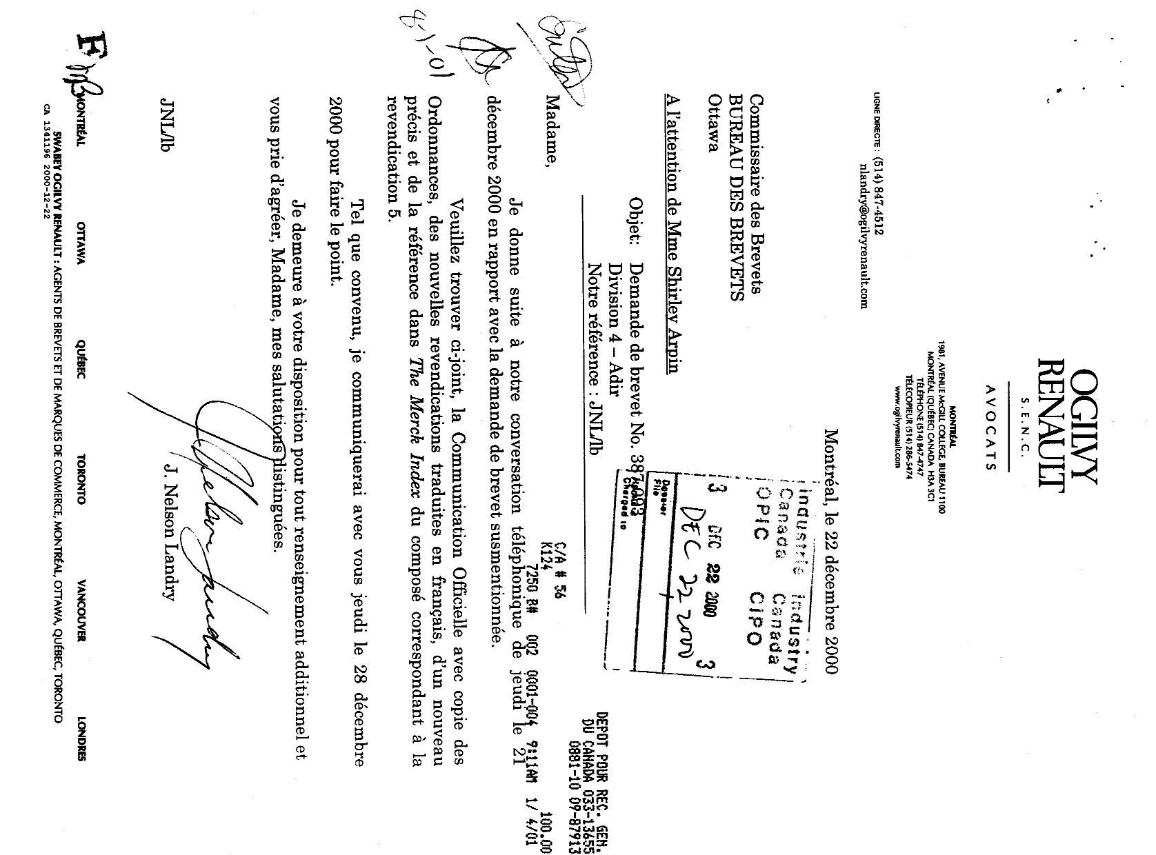 Canadian Patent Document 1341196. Prosecution-Amendment 19991222. Image 1 of 24