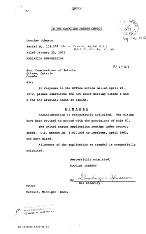Canadian Patent Document 1341218. Prosecution Correspondence 19720926. Image 1 of 2