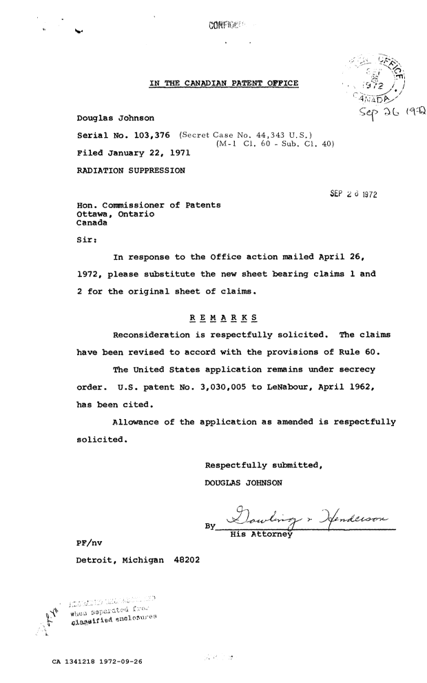 Document de brevet canadien 1341218. Correspondance de la poursuite 19720926. Image 1 de 2