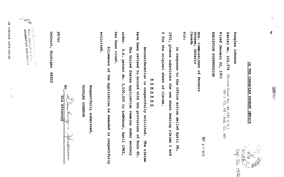 Canadian Patent Document 1341218. Prosecution Correspondence 19720926. Image 1 of 2