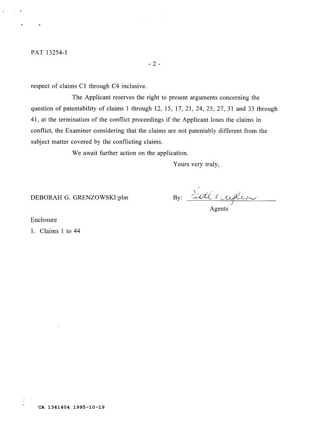 Canadian Patent Document 1341404. Prosecution Correspondence 19951019. Image 2 of 2