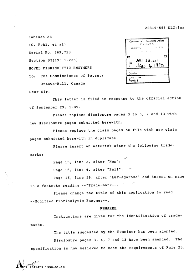 Canadian Patent Document 1341459. Prosecution Correspondence 19900116. Image 1 of 6