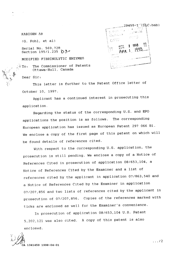 Canadian Patent Document 1341459. Prosecution Correspondence 19980401. Image 1 of 12