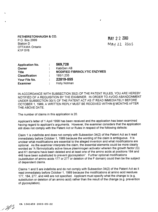 Canadian Patent Document 1341459. Prosecution Correspondence 20030522. Image 1 of 2