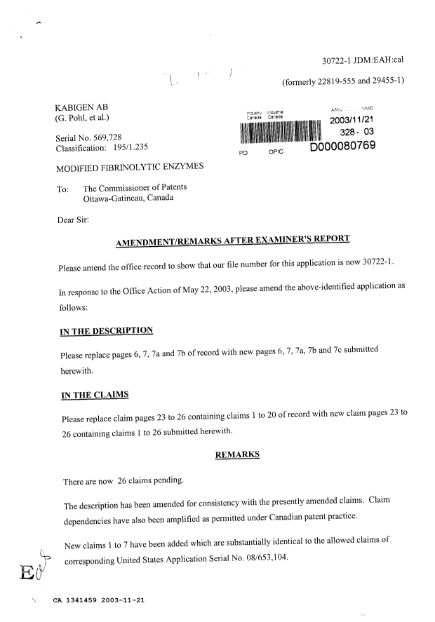 Canadian Patent Document 1341459. Prosecution Correspondence 20031121. Image 1 of 3