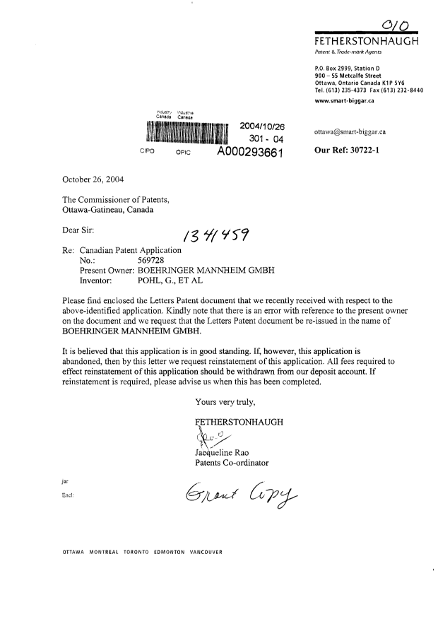 Canadian Patent Document 1341459. Prosecution-Amendment 20041026. Image 1 of 1