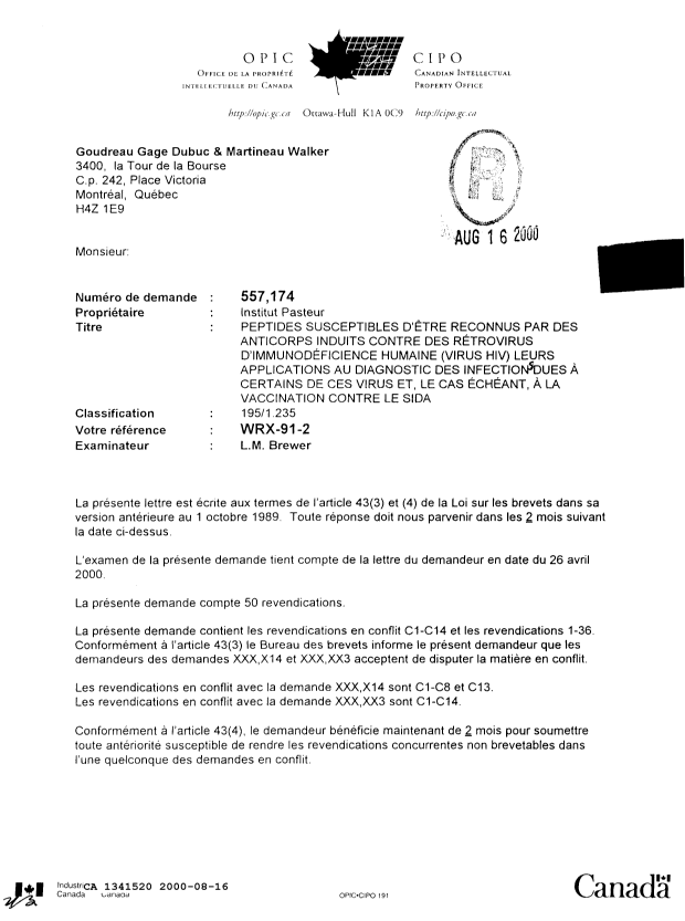 Document de brevet canadien 1341520. Demande d'examen 20000816. Image 1 de 2