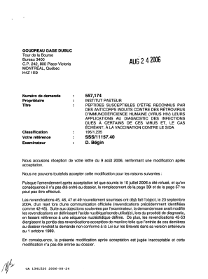 Canadian Patent Document 1341520. Office Letter 20060824. Image 1 of 2