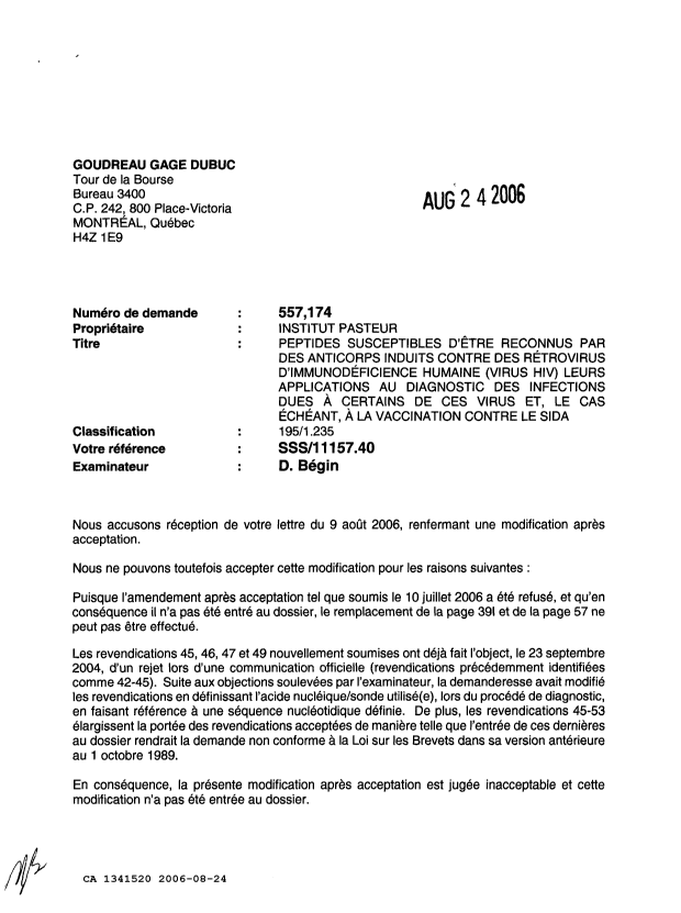 Document de brevet canadien 1341520. Lettre du bureau 20060824. Image 1 de 2