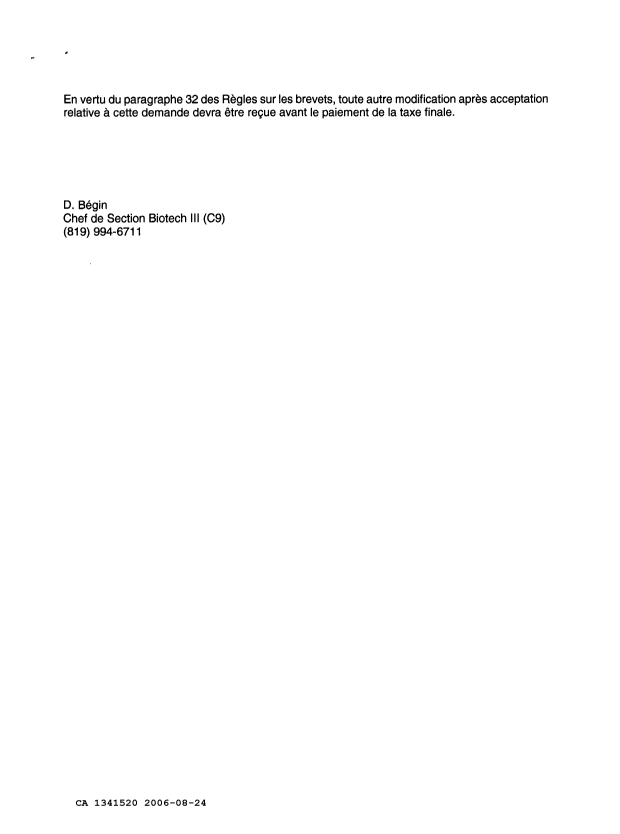 Canadian Patent Document 1341520. Office Letter 20060824. Image 2 of 2