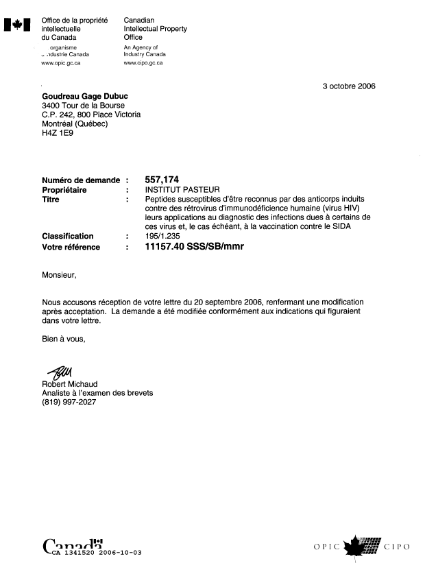 Canadian Patent Document 1341520. Office Letter 20061003. Image 1 of 1