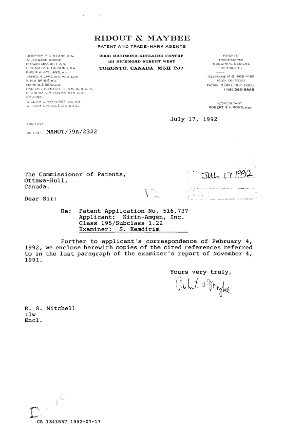Canadian Patent Document 1341537. Prosecution-Amendment 19911217. Image 1 of 1
