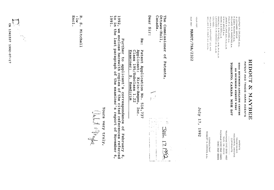 Canadian Patent Document 1341537. Prosecution-Amendment 19911217. Image 1 of 1