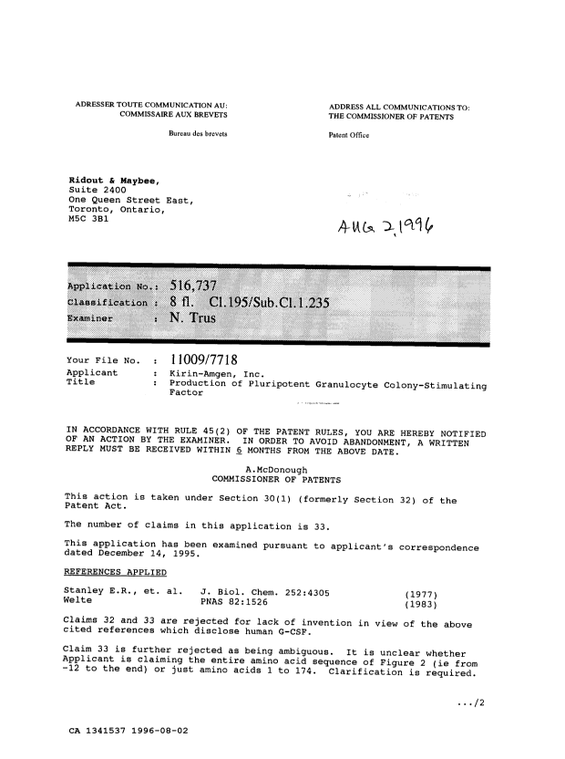 Canadian Patent Document 1341537. Prosecution-Amendment 19951202. Image 1 of 2