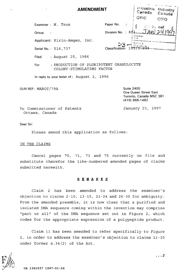 Canadian Patent Document 1341537. Prosecution-Amendment 19961224. Image 1 of 4