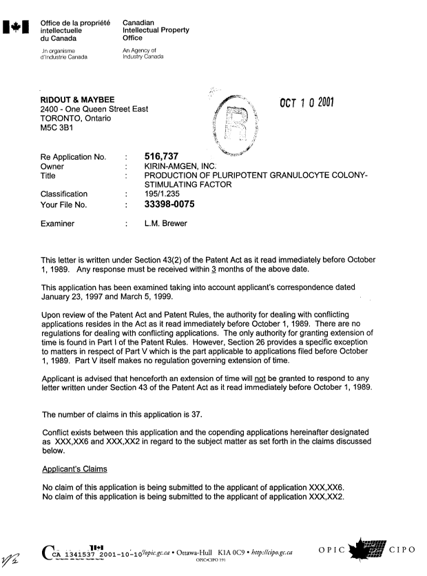 Canadian Patent Document 1341537. Prosecution-Amendment 20001210. Image 1 of 15