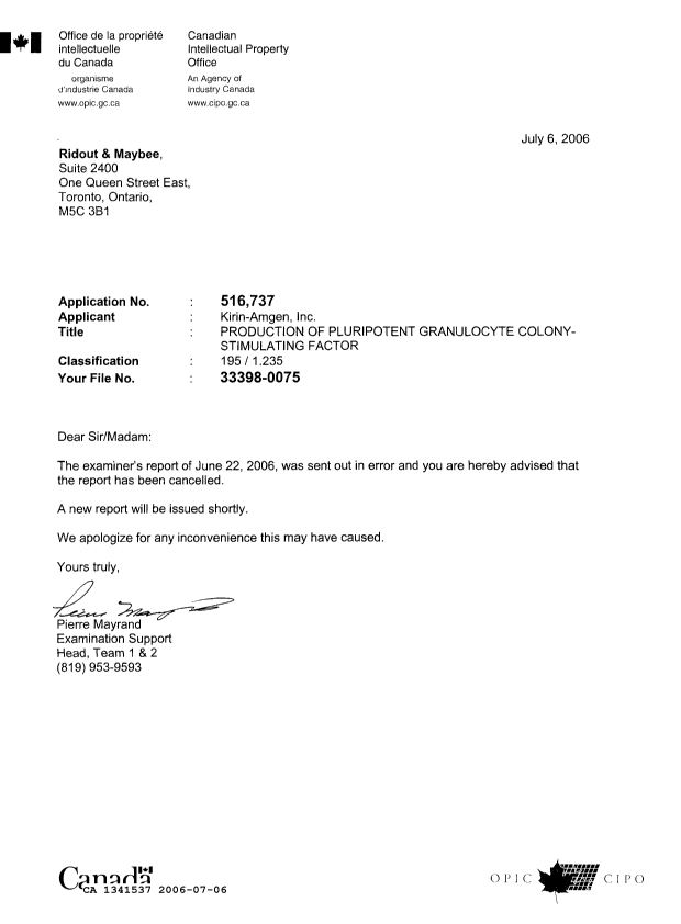 Canadian Patent Document 1341537. Correspondence 20051206. Image 1 of 1