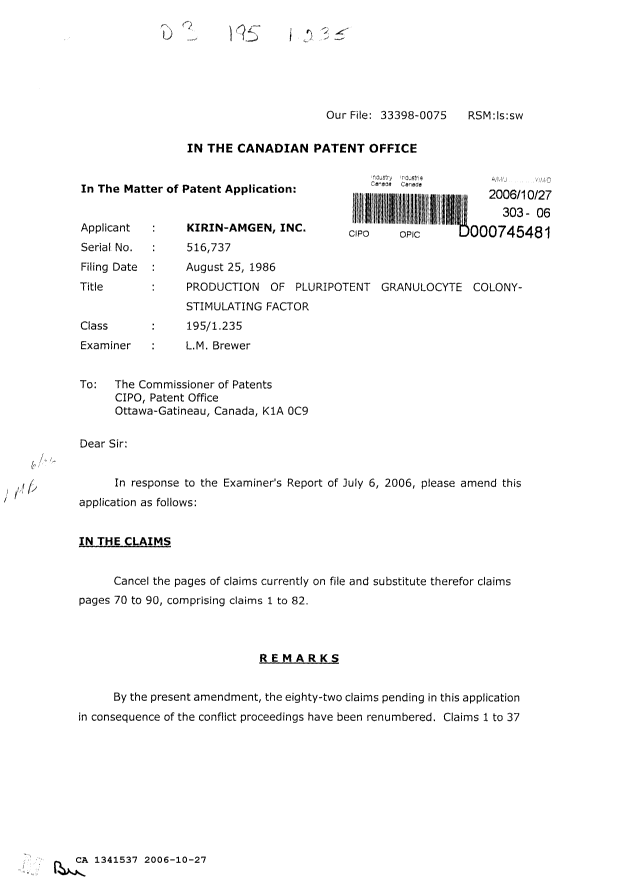Canadian Patent Document 1341537. Prosecution-Amendment 20051227. Image 1 of 2