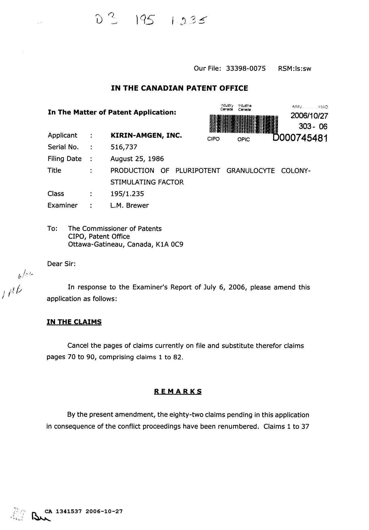 Document de brevet canadien 1341537. Poursuite-Amendment 20051227. Image 1 de 2