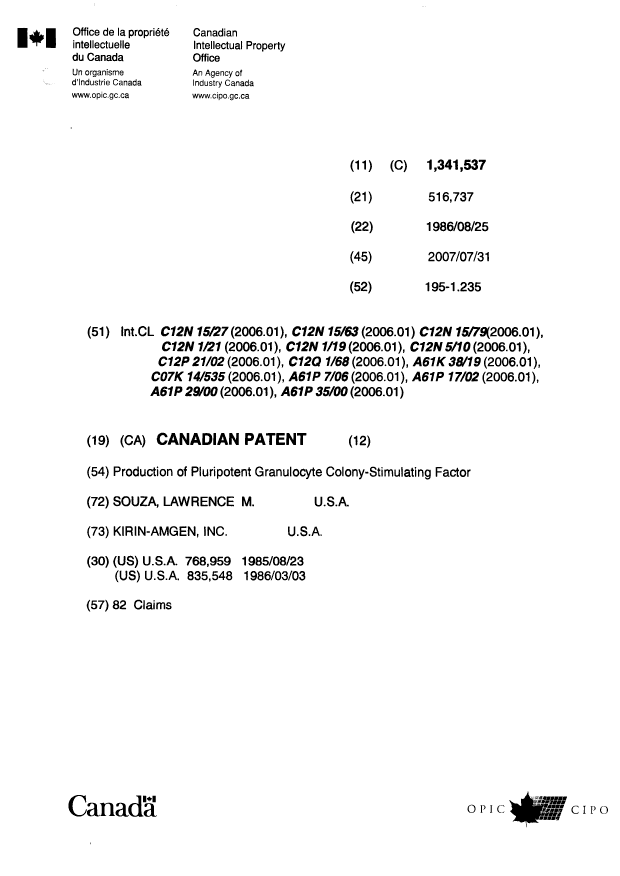 Canadian Patent Document 1341537. Cover Page 20061231. Image 1 of 1
