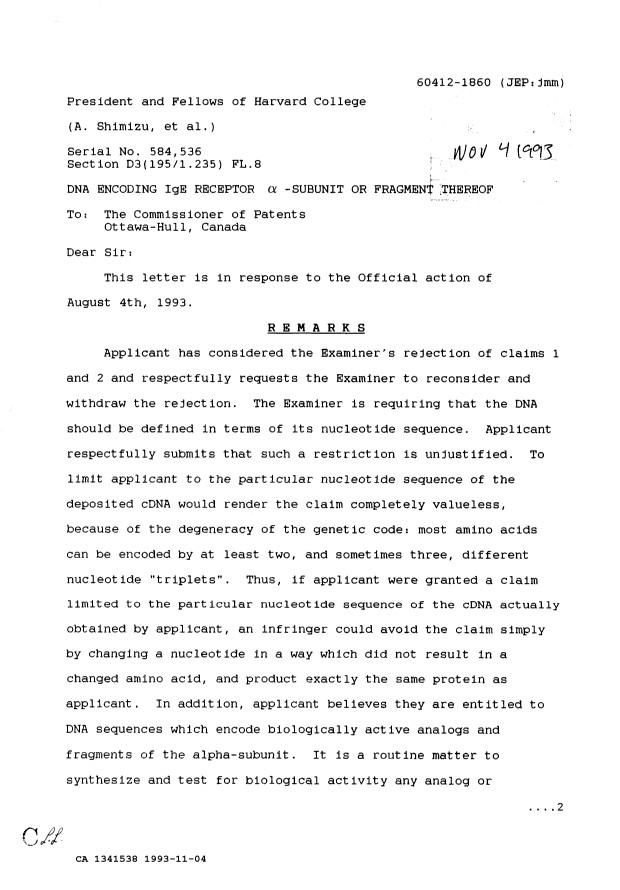 Document de brevet canadien 1341538. Correspondance de la poursuite 19931104. Image 1 de 6