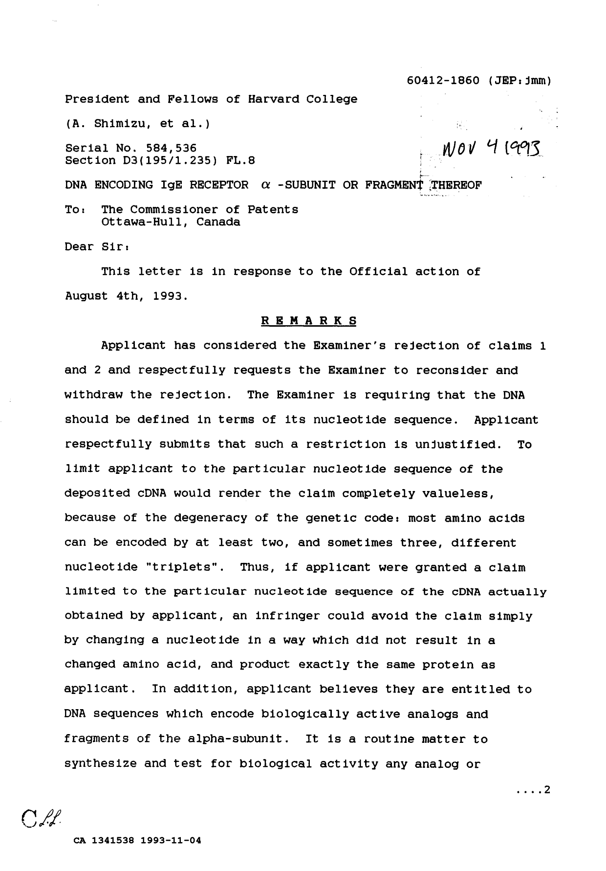 Canadian Patent Document 1341538. Prosecution Correspondence 19931104. Image 1 of 6