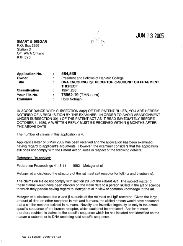 Canadian Patent Document 1341538. Examiner Requisition 20050613. Image 1 of 2