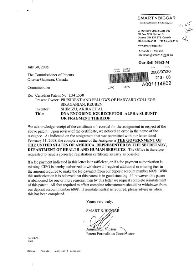 Document de brevet canadien 1341538. Cession 20080730. Image 1 de 2