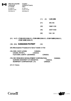 Canadian Patent Document 1341553. Cover Page 20071002. Image 1 of 1