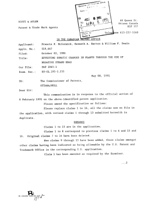 Canadian Patent Document 1341556. Prosecution Correspondence 19910508. Image 1 of 2