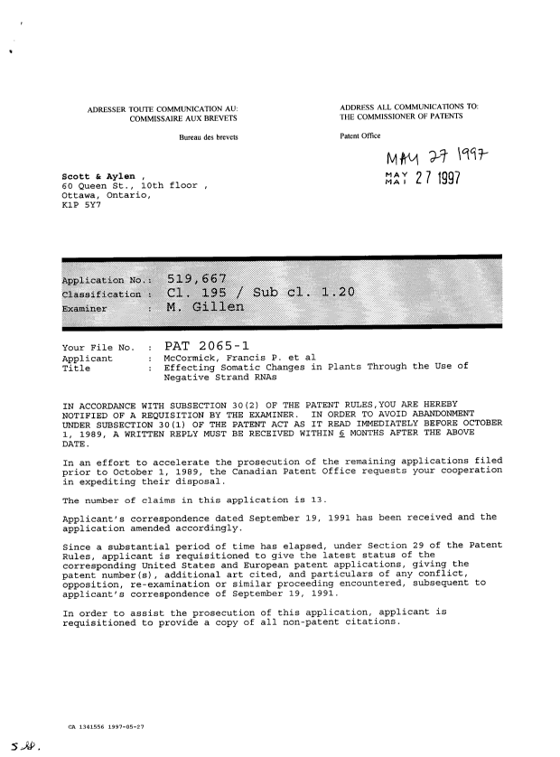 Canadian Patent Document 1341556. Examiner Requisition 19970527. Image 1 of 2