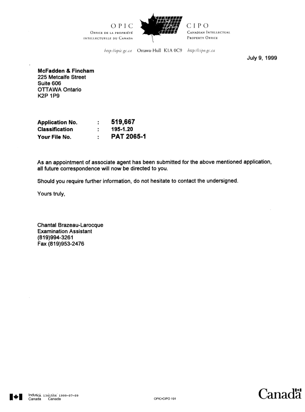 Canadian Patent Document 1341556. Office Letter 19990709. Image 1 of 1