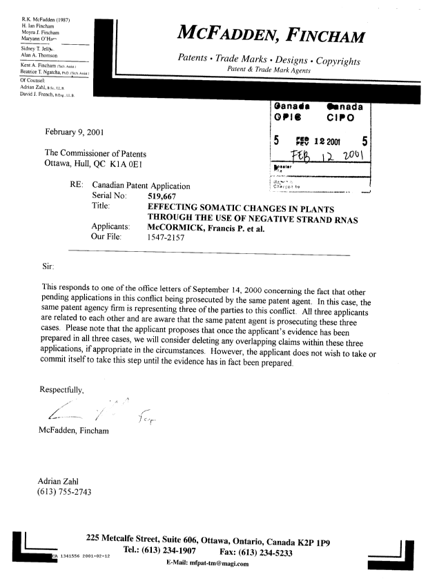Document de brevet canadien 1341556. Correspondance reliée au PCT 20010212. Image 1 de 1