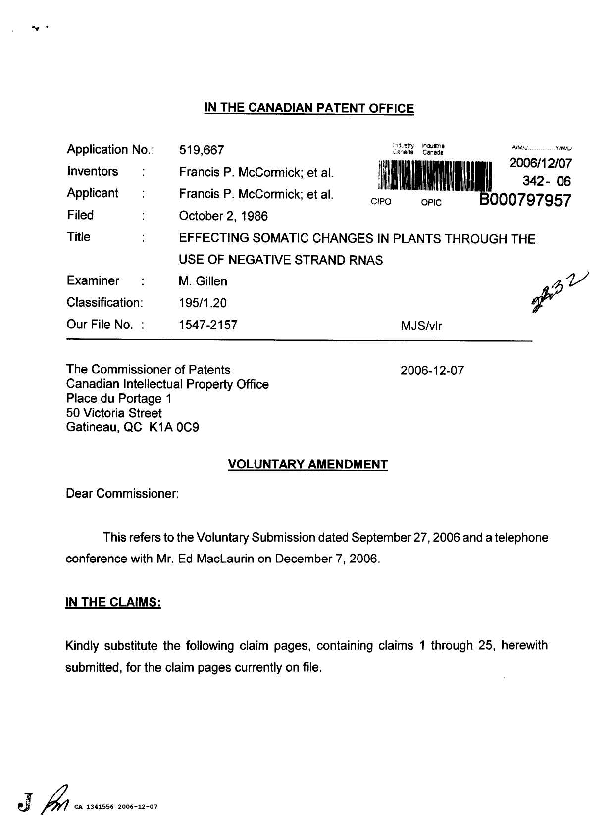 Canadian Patent Document 1341556. Prosecution Correspondence 20061207. Image 1 of 2