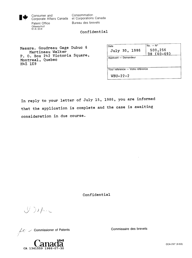 Document de brevet canadien 1341559. Lettre du bureau 19860730. Image 1 de 1