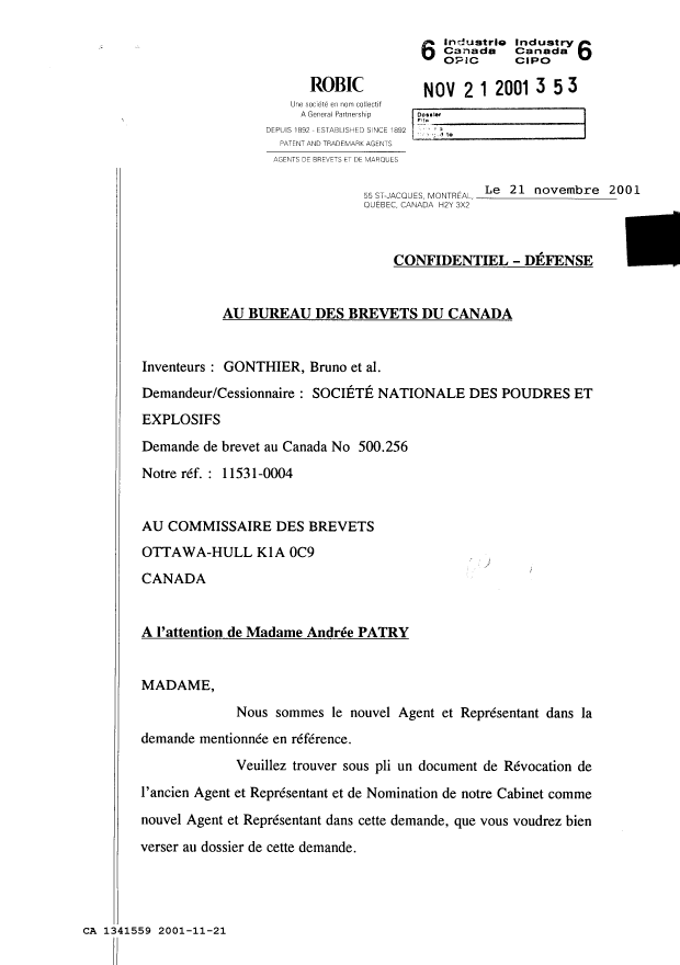 Document de brevet canadien 1341559. Correspondance de la poursuite 20011121. Image 1 de 3