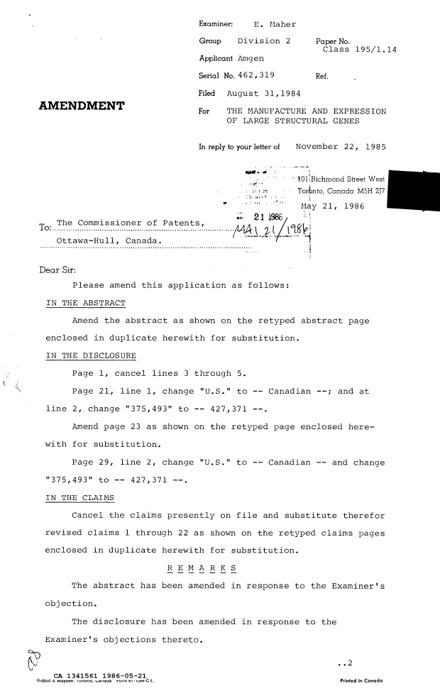 Document de brevet canadien 1341561. Correspondance de la poursuite 19860521. Image 1 de 7