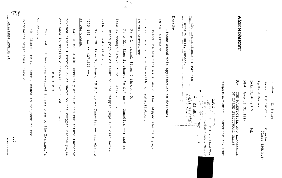Canadian Patent Document 1341561. Prosecution Correspondence 19860521. Image 1 of 7