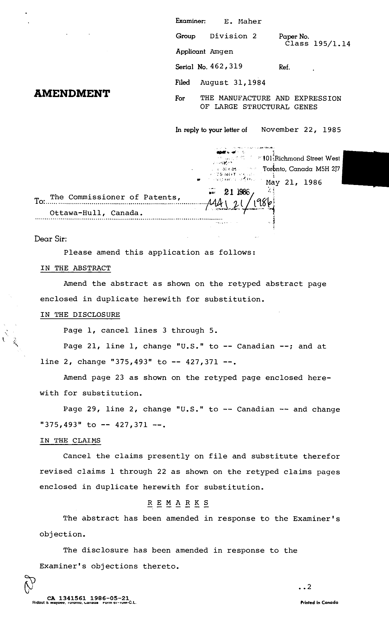 Canadian Patent Document 1341561. Prosecution Correspondence 19860521. Image 1 of 7