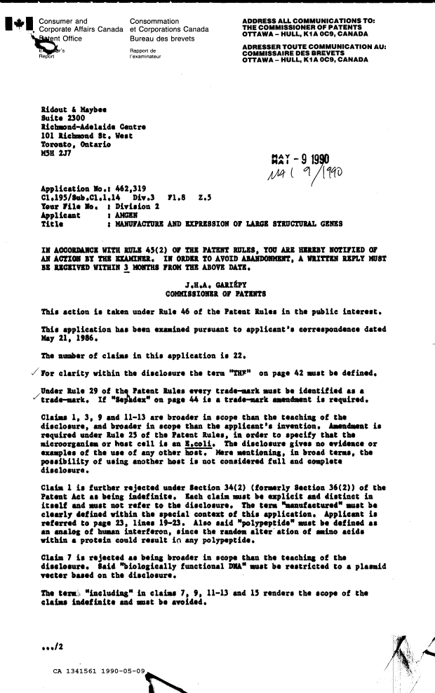 Document de brevet canadien 1341561. Lettre du bureau 19900509. Image 1 de 2