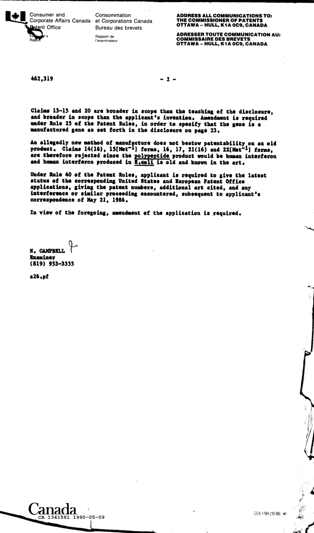 Canadian Patent Document 1341561. Office Letter 19900509. Image 2 of 2